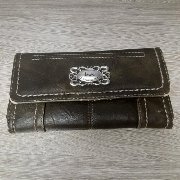 BOC Wallet Faux Leather olive green White Stitch Trim Silver Metal Logo Accent - Picture 1 of 11